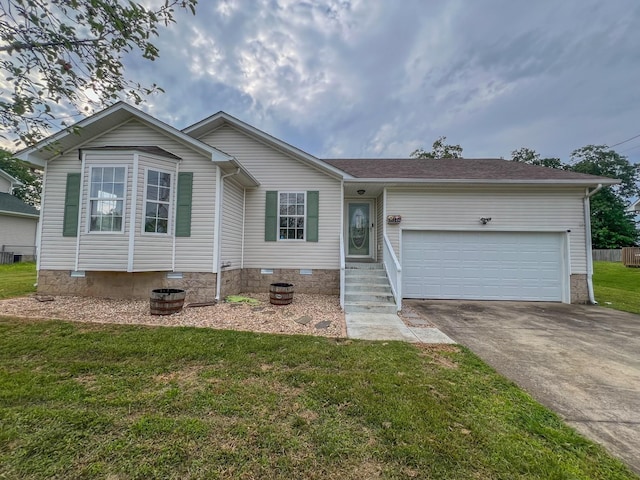 11240 Bell Station Rd, Oak Grove, KY 42262 - ranch-style house with crawl space, concrete driveway, a front lawn, and a garage