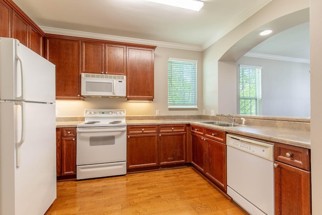 4316 Summercrest Blvd Unit 512, Antioch, TN 37013 - kitchen with white appliances, a sink, crown molding, light wood-type flooring, and arched walkways