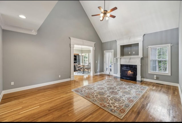 5122 Stonewood Dr, Smyrna, TN 37167 - living room featuring ceiling fan, high vaulted ceiling, plenty of natural light, a large fireplace, and wood finished floors