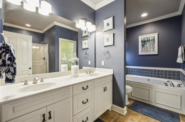 5122 Stonewood Dr, Smyrna, TN 37167 - full bath with a stall shower, double vanity, ornamental molding, a garden tub, and tile patterned flooring