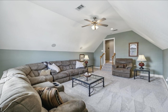 5122 Stonewood Dr, Smyrna, TN 37167 - living area featuring carpet, lofted ceiling, baseboards, and ceiling fan