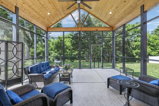 5122 Stonewood Dr, Smyrna, TN 37167 - sunroom / solarium featuring an outdoor hangout area, a ceiling fan, vaulted ceiling, and view of wooded area