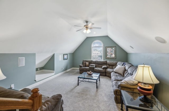 5122 Stonewood Dr, Smyrna, TN 37167 - living area with carpet flooring, vaulted ceiling, ceiling fan, and baseboards