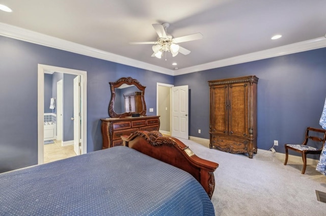 5122 Stonewood Dr, Smyrna, TN 37167 - bedroom with crown molding, baseboards, recessed lighting, ceiling fan, and ensuite bath