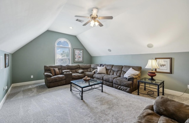 5122 Stonewood Dr, Smyrna, TN 37167 - carpeted living area with baseboards, lofted ceiling, and ceiling fan