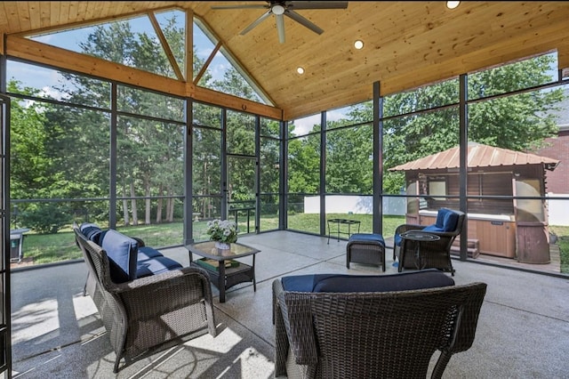 5122 Stonewood Dr, Smyrna, TN 37167 - sunroom / solarium with a jacuzzi, a ceiling fan, lofted ceiling, and an outdoor hangout area