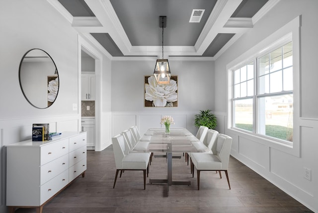 321 Galway Dr, Clarksville, TN 37042 - dining room with crown molding, a decorative wall, dark wood finished floors, a wainscoted wall, and a tray ceiling