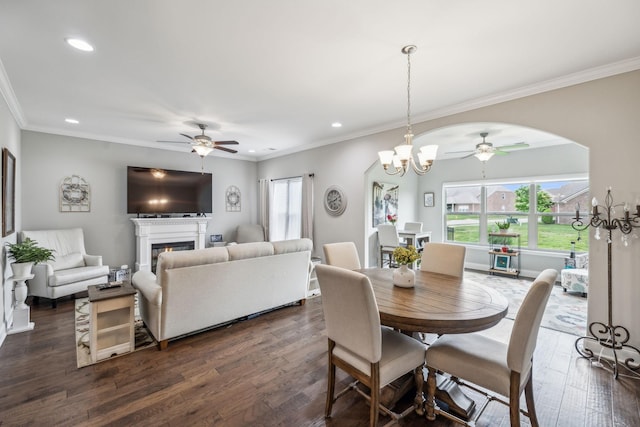 1420 Whispering Oaks Dr, Lebanon, TN 37090 - dining space with ceiling fan, healthy amount of natural light, recessed lighting, a warm lit fireplace, and dark wood-type flooring