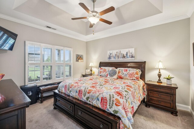 1420 Whispering Oaks Dr, Lebanon, TN 37090 - bedroom with a tray ceiling, light colored carpet, crown molding, baseboards, and a ceiling fan