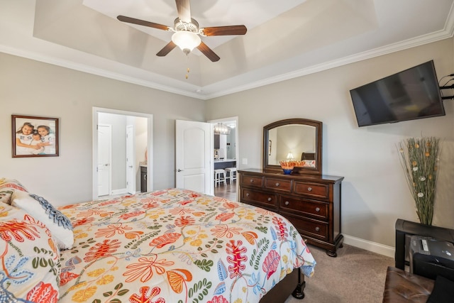 1420 Whispering Oaks Dr, Lebanon, TN 37090 - bedroom featuring a raised ceiling, carpet, crown molding, ensuite bath, and ceiling fan