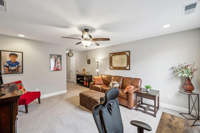 1420 Whispering Oaks Dr, Lebanon, TN 37090 - living area with light carpet, a ceiling fan, baseboards, and recessed lighting