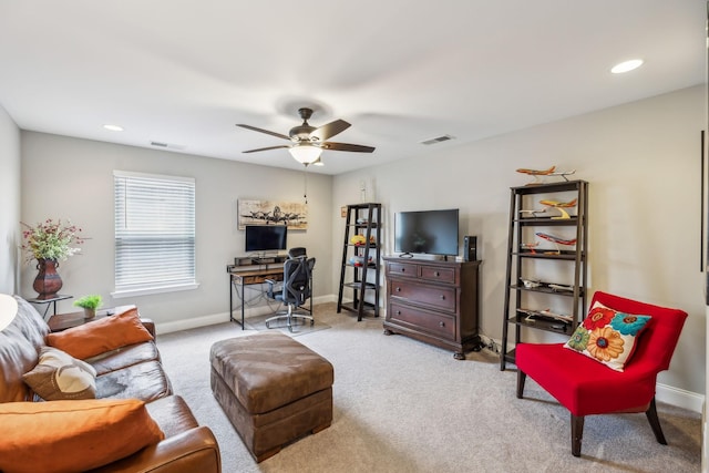 1420 Whispering Oaks Dr, Lebanon, TN 37090 - carpeted living room featuring a ceiling fan, baseboards, recessed lighting, and a desk