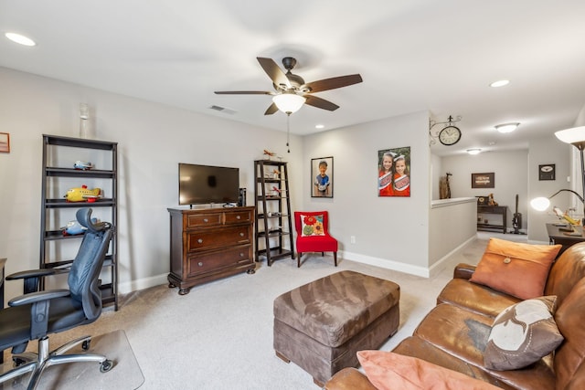 1420 Whispering Oaks Dr, Lebanon, TN 37090 - living area with a desk, light carpet, ceiling fan, baseboards, and recessed lighting