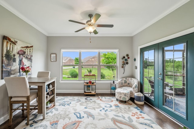 1420 Whispering Oaks Dr, Lebanon, TN 37090 - living area featuring french doors, plenty of natural light, crown molding, wood finished floors, and ceiling fan