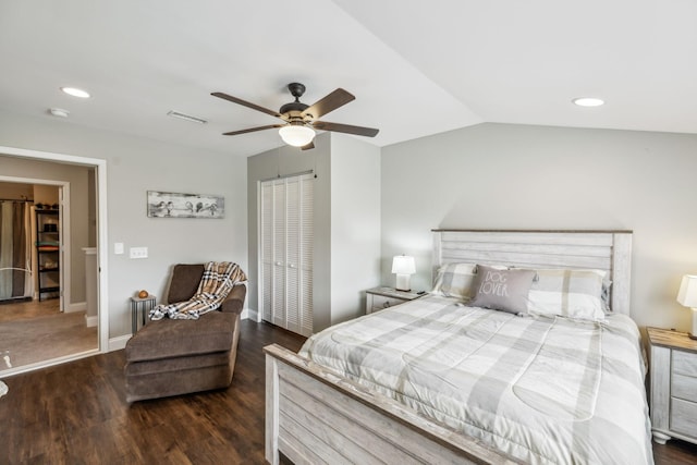 1420 Whispering Oaks Dr, Lebanon, TN 37090 - bedroom featuring a closet, recessed lighting, wood finished floors, ceiling fan, and lofted ceiling