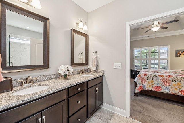 1420 Whispering Oaks Dr, Lebanon, TN 37090 - ensuite bathroom with baseboards, a ceiling fan, double vanity, tile patterned flooring, and crown molding