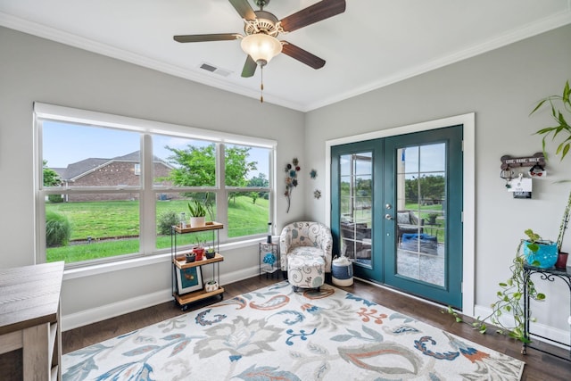 1420 Whispering Oaks Dr, Lebanon, TN 37090 - living area featuring french doors, ornamental molding, wood finished floors, baseboards, and a ceiling fan