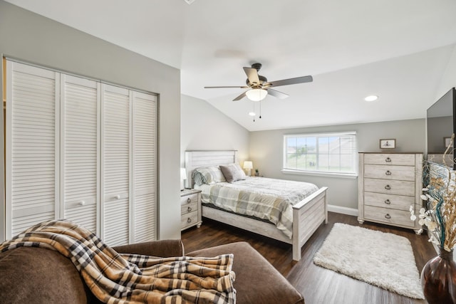 1420 Whispering Oaks Dr, Lebanon, TN 37090 - bedroom featuring lofted ceiling, a closet, baseboards, dark wood-type flooring, and ceiling fan