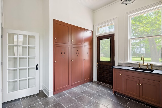1051 W Main St, Franklin, TN 37064 - mudroom with a sink, ornamental molding, baseboards, and a towering ceiling