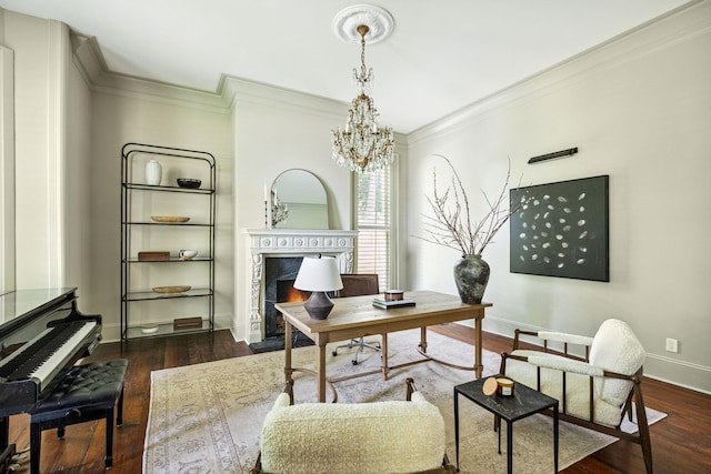 1051 W Main St, Franklin, TN 37064 - office area featuring a chandelier, a premium fireplace, crown molding, dark wood-type flooring, and baseboards