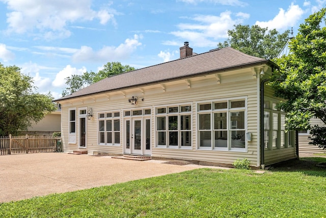 1051 W Main St, Franklin, TN 37064 - rear view of house with entry steps, a chimney, a patio, roof with shingles, and french doors