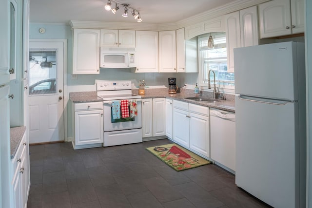 4011 Sheddan Dr, Columbia, TN 38401 - kitchen featuring white appliances, a sink, white cabinets, and light stone counters