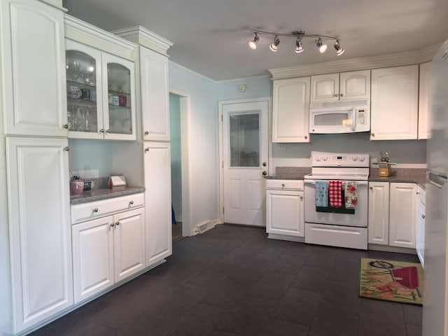 4011 Sheddan Dr, Columbia, TN 38401 - kitchen featuring white appliances, white cabinets, glass insert cabinets, ornamental molding, and dark tile patterned floors