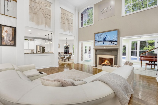 6948 Whispering Oaks Dr, Springfield, TN 37172 - living room with wood-type flooring, a towering ceiling, crown molding, a lit fireplace, and baseboards