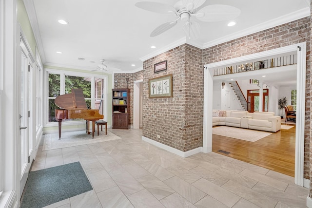 6948 Whispering Oaks Dr, Springfield, TN 37172 - hall with ornamental molding, brick wall, stairway, recessed lighting, and baseboards