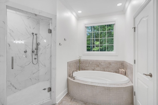 6948 Whispering Oaks Dr, Springfield, TN 37172 - bathroom with a garden tub, a marble finish shower, ornamental molding, and recessed lighting