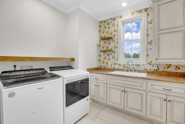 6948 Whispering Oaks Dr, Springfield, TN 37172 - washroom with washer and dryer, wallpapered walls, cabinet space, crown molding, and light tile patterned floors