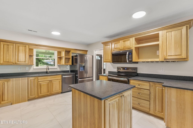 17 Westover Dr, Oak Ridge, TN 37830 - kitchen featuring open shelves, appliances with stainless steel finishes, a sink, light marble finish floors, and dark countertops