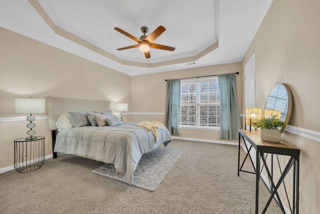 1034 Ridglea Dr, Burns, TN 37029 - bedroom featuring a raised ceiling, ornamental molding, carpet, baseboards, and a ceiling fan
