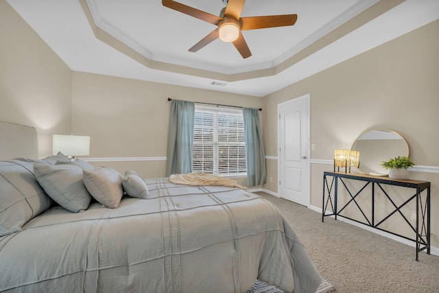 1034 Ridglea Dr, Burns, TN 37029 - carpeted bedroom with a raised ceiling, baseboards, ornamental molding, and ceiling fan