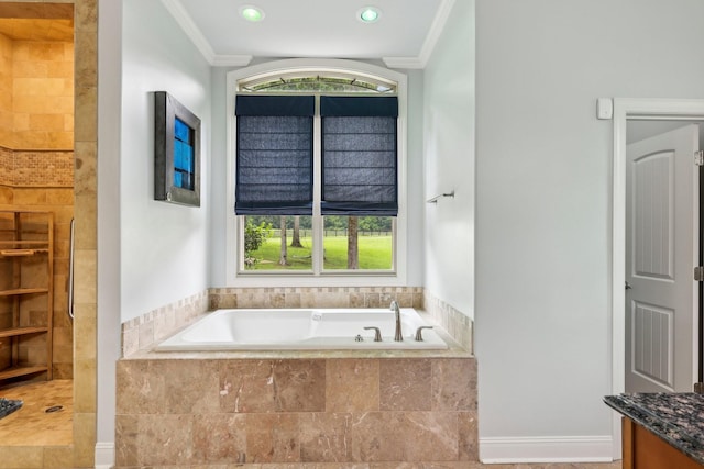1313 Ridge Rd, Dickson, TN 37055 - full bathroom with crown molding, a bath, plenty of natural light, a tile shower, and recessed lighting