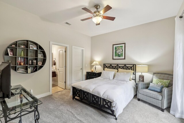1313 Ridge Rd, Dickson, TN 37055 - carpeted bedroom featuring baseboards, a ceiling fan, ensuite bath, and a desk
