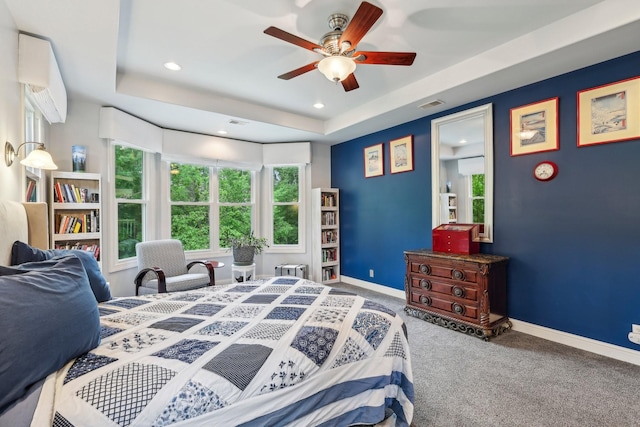 1313 Ridge Rd, Dickson, TN 37055 - carpeted bedroom featuring multiple windows, baseboards, a tray ceiling, recessed lighting, and a ceiling fan
