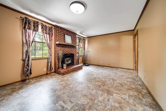 120 Donna Dr, Hendersonville, TN 37075 - unfurnished living room featuring crown molding, stone finish flooring, baseboards, and a brick fireplace