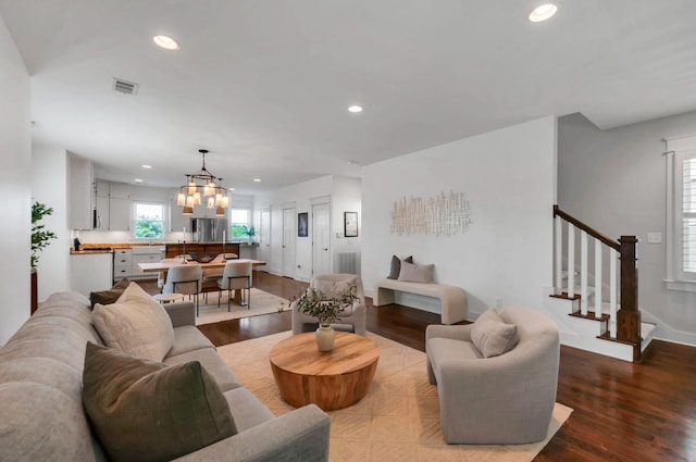 801 Lancaster Way, Nashville, TN 37212 - living room featuring recessed lighting, wood finished floors, a chandelier, stairway, and baseboards