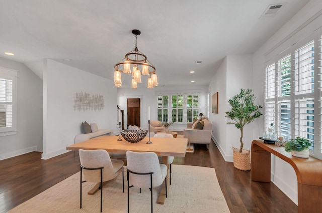 801 Lancaster Way, Nashville, TN 37212 - dining room featuring dark wood-style flooring, healthy amount of natural light, baseboards, recessed lighting, and a chandelier