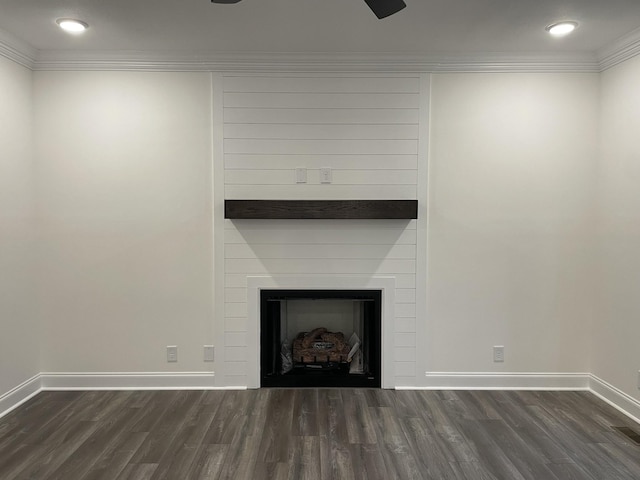693 Eva Agnes, Clarksville, TN 37042 - unfurnished living room with baseboards, wood finished floors, crown molding, recessed lighting, and a large fireplace