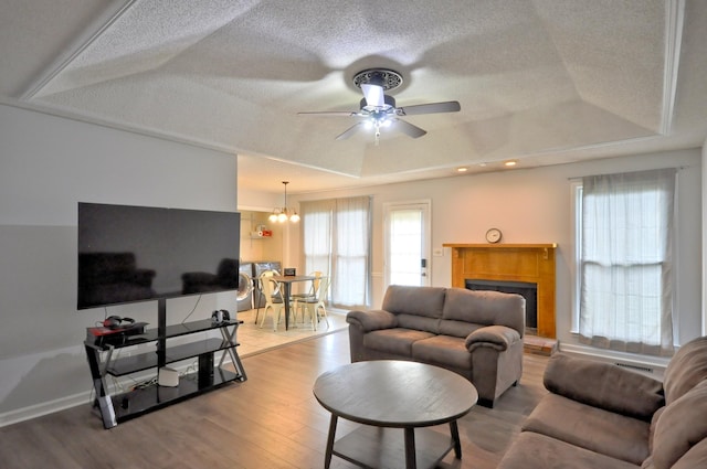 441 Bluff Dr, Clarksville, TN 37043 - living area with a tray ceiling, light wood-style floors, a ceiling fan, healthy amount of natural light, and a textured ceiling