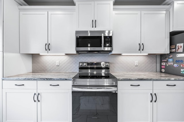1103 Chagford Dr, Clarksville, TN 37043 - kitchen featuring appliances with stainless steel finishes, white cabinetry, and light stone counters
