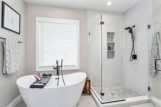 3050 Westowne Cir, Cookeville, TN 38501 - bathroom featuring a stall shower, a freestanding bath, recessed lighting, baseboards, and tile patterned floors