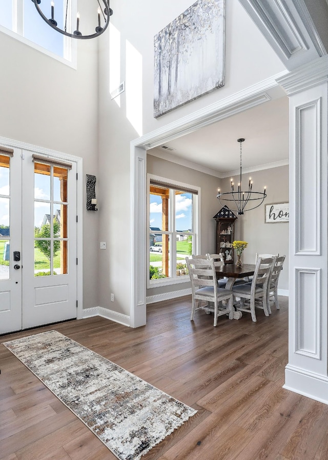 3050 Westowne Cir, Cookeville, TN 38501 - entryway with a chandelier, baseboards, wood finished floors, french doors, and a high ceiling