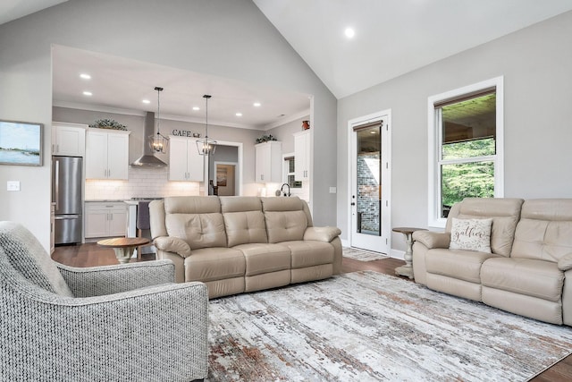 3050 Westowne Cir, Cookeville, TN 38501 - living area featuring vaulted ceiling, dark wood-style flooring, recessed lighting, ornamental molding, and baseboards