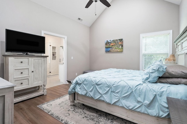 3050 Westowne Cir, Cookeville, TN 38501 - bedroom with high vaulted ceiling, dark wood finished floors, ensuite bathroom, and a ceiling fan