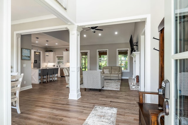 3050 Westowne Cir, Cookeville, TN 38501 - living area with decorative columns, a ceiling fan, dark wood finished floors, recessed lighting, and ornamental molding