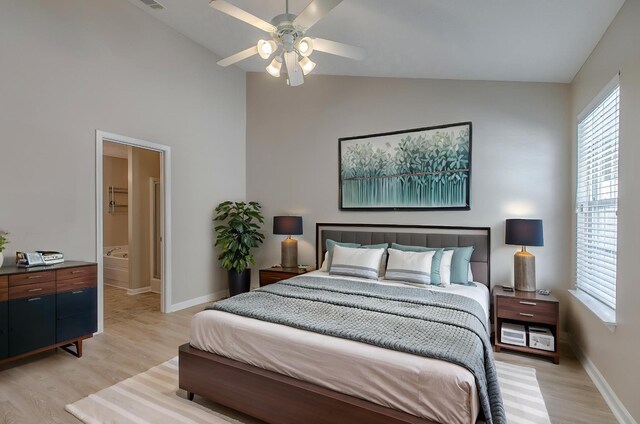 2026 Caladonia Way, Smyrna, TN 37167 - bedroom featuring light wood-style floors, baseboards, high vaulted ceiling, and ceiling fan