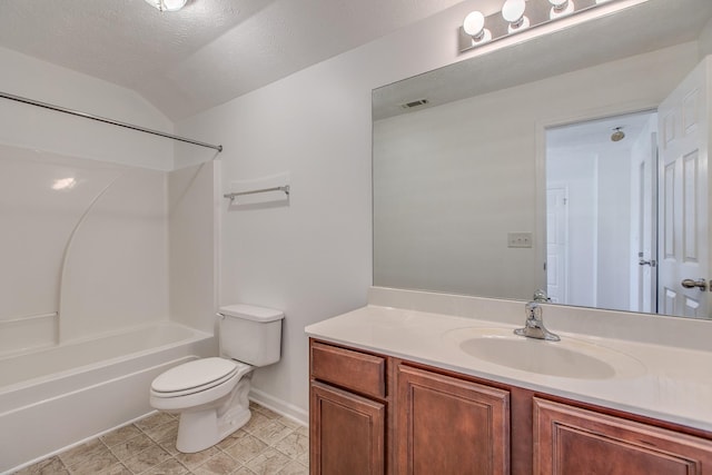 2026 Caladonia Way, Smyrna, TN 37167 - bathroom with toilet, shower / bathtub combination, vanity, vaulted ceiling, and a textured ceiling
